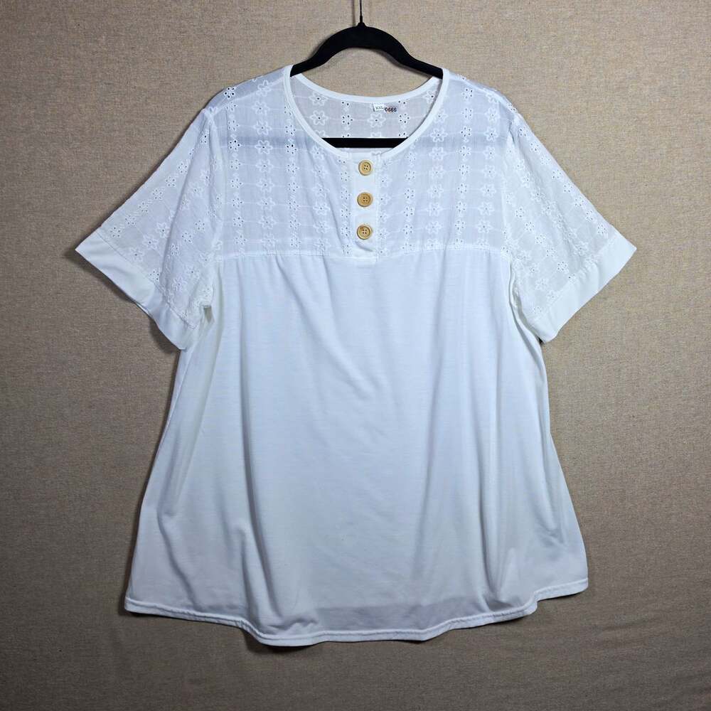 White Eyelet Floral Short Sleeve wood Button Henley Round Neck Top Womens XXL